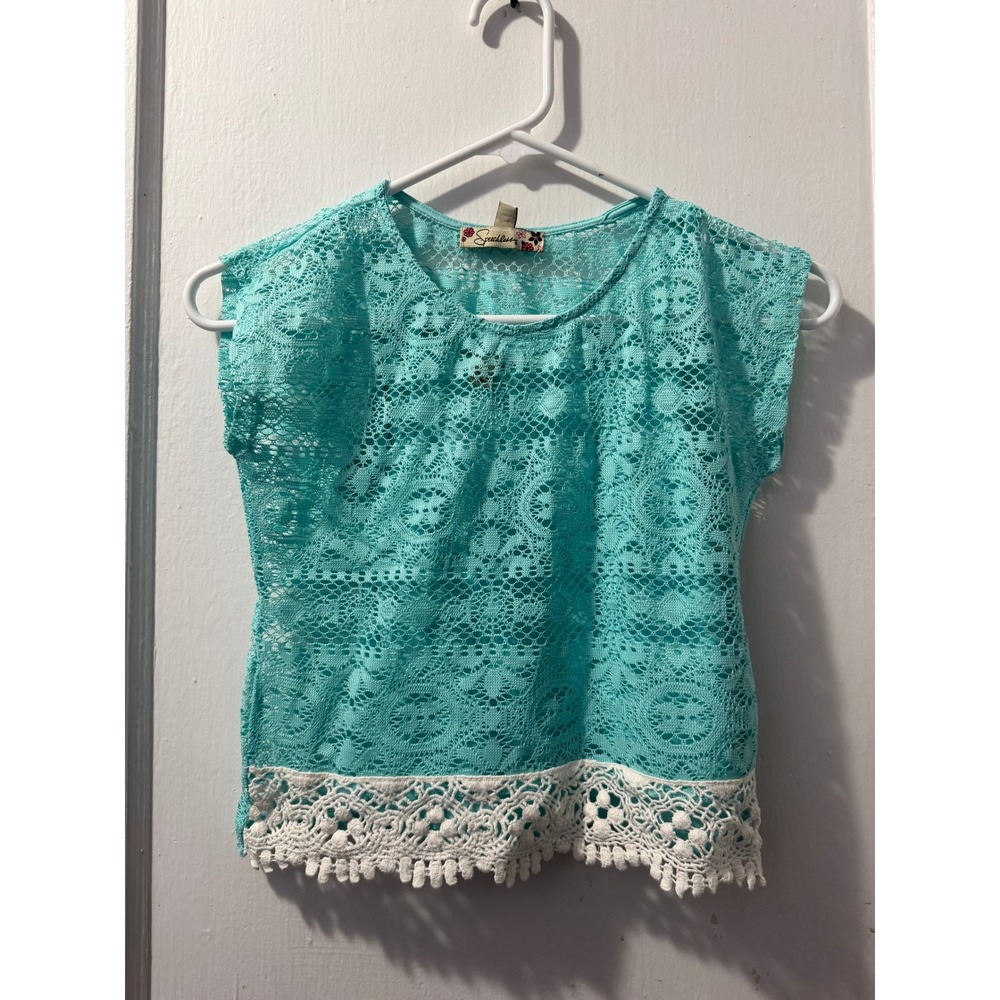 Speechless Blue Crochet Layered Short Sleeve Top Lace Hem Small Boho Blouse